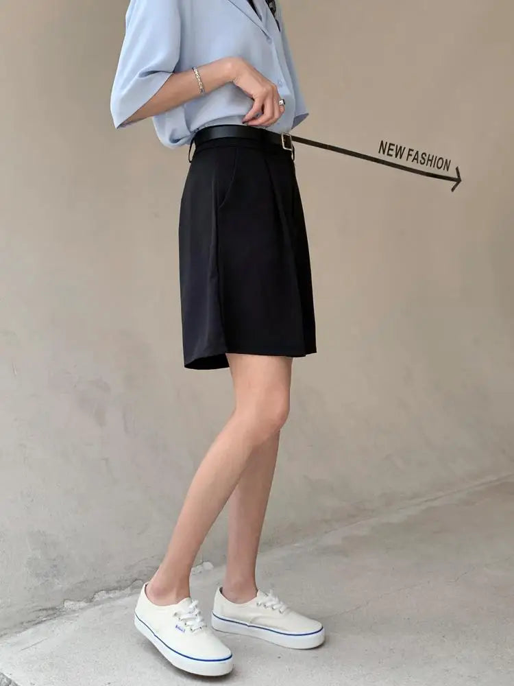 Summer New Black Blue Loose High Waist Wide Leg Pleated Shorts Korean Version Women Gray Office Short Pant Casual Fashion Simple
