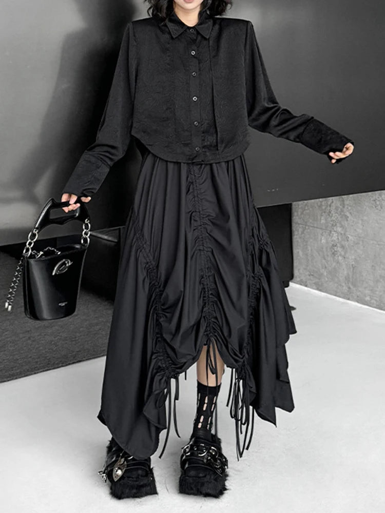 Women Black Textured Big Size Elegant Short Blouse New Lapel Long Sleeve Shirt Fashion Tide Spring Autumn 2025 1DJ1095