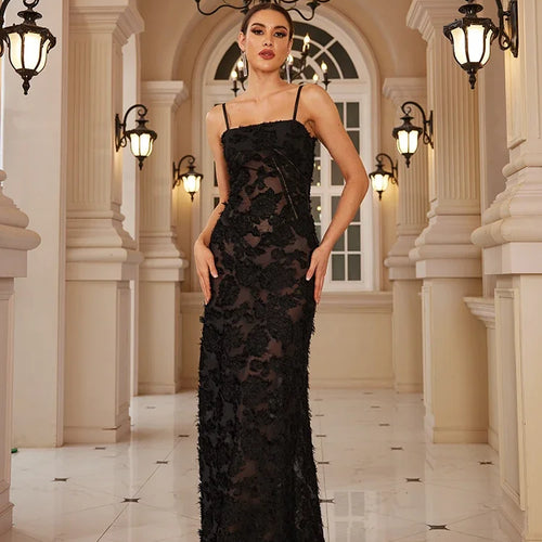 Load image into Gallery viewer, Black Spaghetti Strap Christmas Dress Sexy See Through Elegant and Beautiful Women Dress Appliques Maxi Formal Dress
