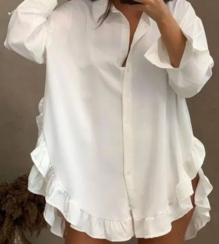 Fall Party Prom White Mini Dresses Women 2024 Falbala Lapel Long Sleeve Casual Shirts Dress clearance sale