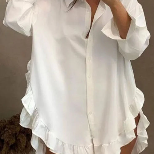 Load image into Gallery viewer, Fall Party Prom White Mini Dresses Women 2024 Falbala Lapel Long Sleeve Casual Shirts Dress clearance sale
