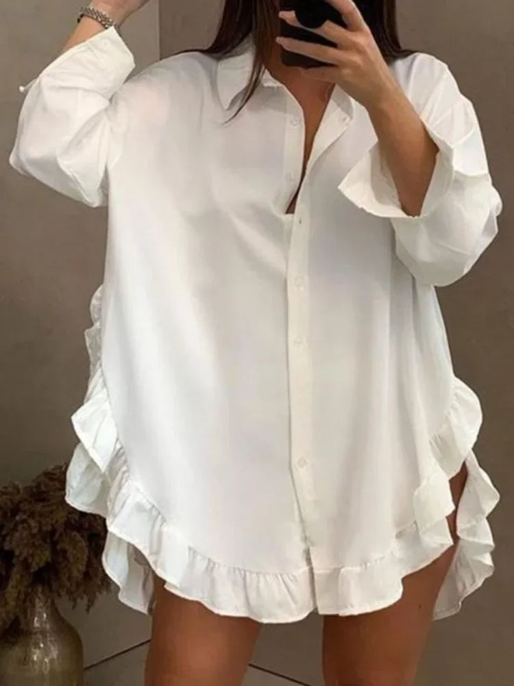 Fall Party Prom White Mini Dresses Women 2024 Falbala Lapel Long Sleeve Casual Shirts Dress clearance sale