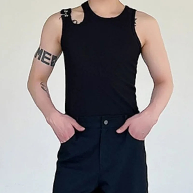 Shoulder Buckle Male Vest Niche Design Round Collar Solid Color Men's Sleeveless Tops Casual Spring Trend 9A3220