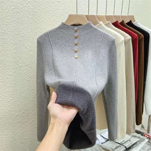 Load image into Gallery viewer, Autumn Winter Korean Fashion Solid Half High Neck Single Breasted Velvet Knit Sweater Women Slim Warm Long Sleeve Pullovers Tops
