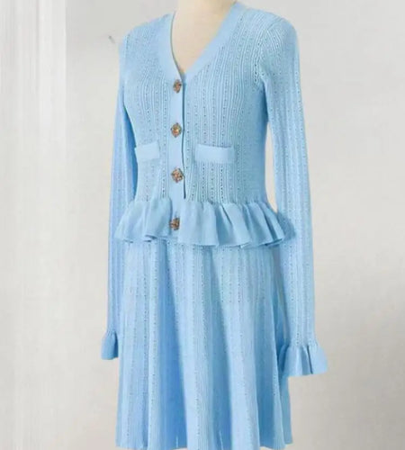 Vintage Black White Elegant V Neck Single Breasted Knit Long Sleeved Pleated Dress Women Slim Ruffles Short Dress Autumn Winter