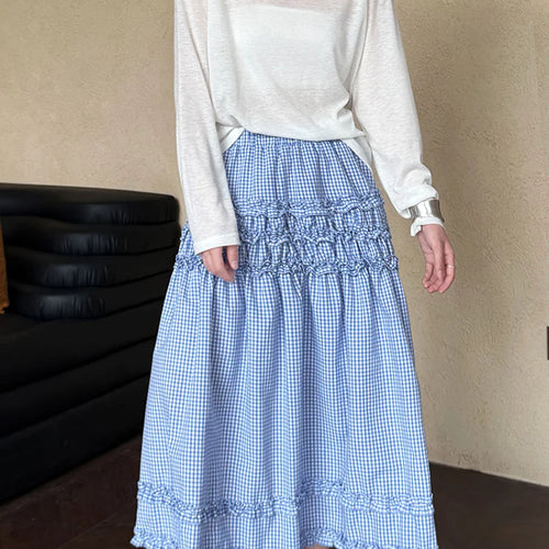 Load image into Gallery viewer, High Elastic Waist Blue Plaid Ruffles Elegant A-line Half-body Skirt Women Fashion Tide New Spring Autumn 2025 1DJ1023
