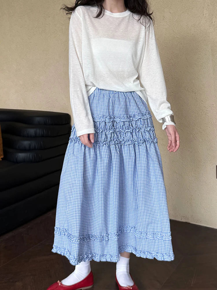 High Elastic Waist Blue Plaid Ruffles Elegant A-line Half-body Skirt Women Fashion Tide New Spring Autumn 2025 1DJ1023