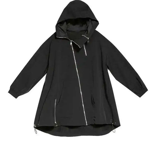 Load image into Gallery viewer, Loose Black Zipper Irregular Big Size Long Jacket New Hooded Long Sleeve Women Coat Fashion Spring Autumn 2025 1DF1658
