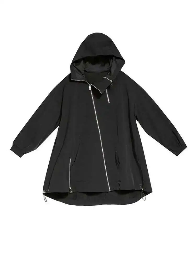 Loose Black Zipper Irregular Big Size Long Jacket New Hooded Long Sleeve Women Coat Fashion Spring Autumn 2025 1DF1658