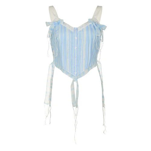 Load image into Gallery viewer, Korean Style Stripe Bow Summer Tank Top Short Bow Fringe Buttons Vest Y2K Aesthetic Cutecore Women Cami Top Lace Trim
