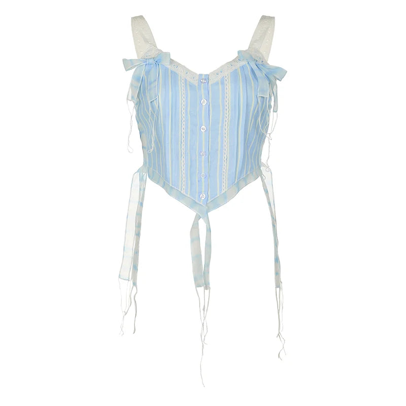 Korean Style Stripe Bow Summer Tank Top Short Bow Fringe Buttons Vest Y2K Aesthetic Cutecore Women Cami Top Lace Trim