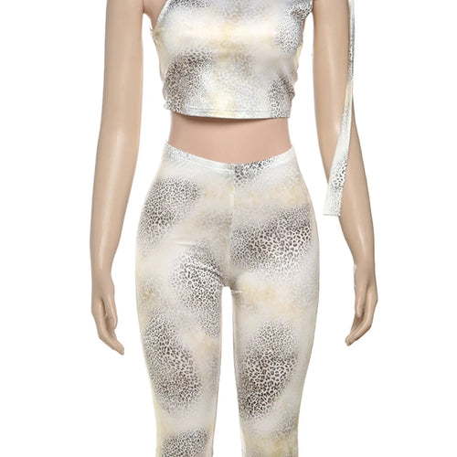 Load image into Gallery viewer, Leopard Print Sexy Tight 2 Piece Set Women Sexy Bandage Strap Skew Collar Crop Tops+Bike Shorts High Stretch Streetwear
