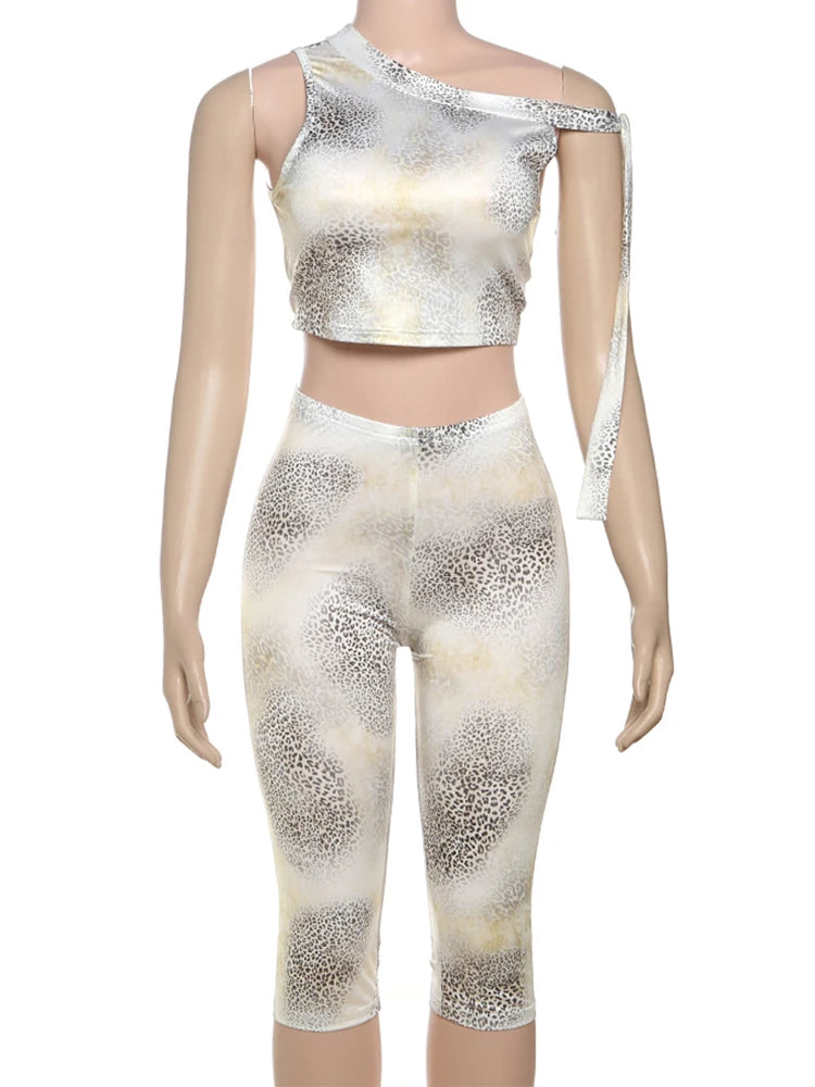 Leopard Print Sexy Tight 2 Piece Set Women Sexy Bandage Strap Skew Collar Crop Tops+Bike Shorts High Stretch Streetwear