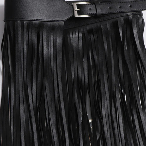 Load image into Gallery viewer, Solid Patchwork Belt Leather Skirts For Women High Waist Spliced Tassel Temperament Long Skirt Female Fashion Style

