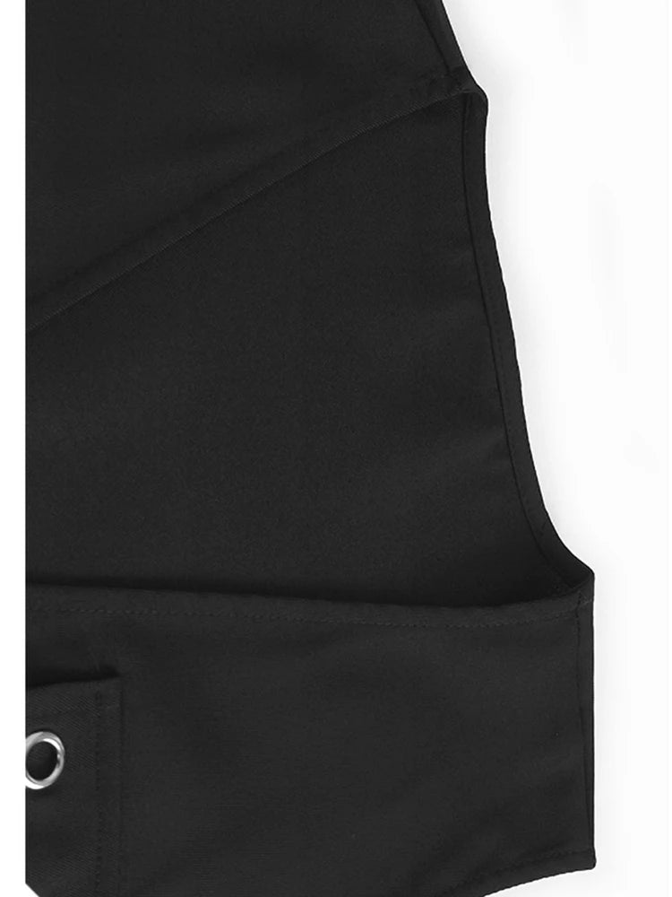 Women Black Zipper Pockets Spliced Big Size Midi Vest Dress New V-Neck Sleeveless Fashion Tide Spring Autumn 2025  1DJ1194