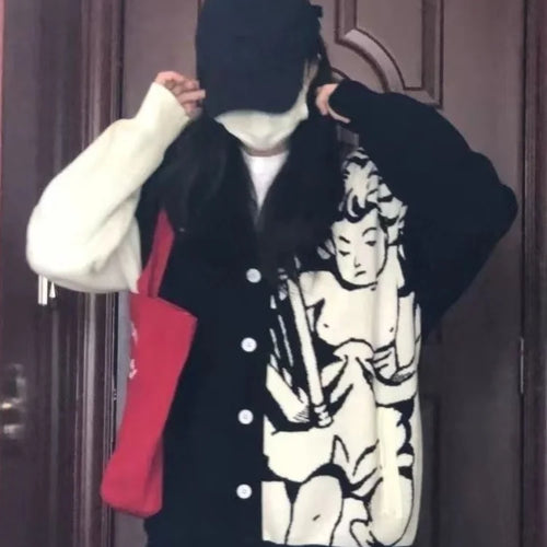 Load image into Gallery viewer, Casual Streetwear Angel Print Contrast Color Cardigan Women Loose Sweater Coat Autumn Harajuku Aesthetic Knitted Jumper
