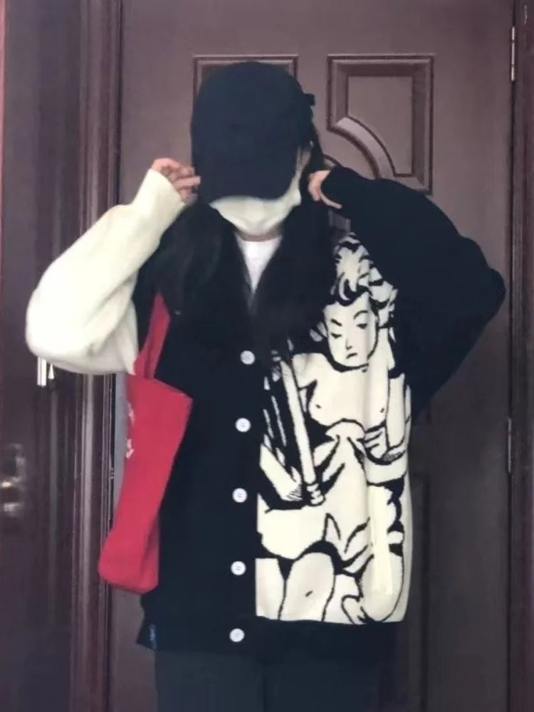 Casual Streetwear Angel Print Contrast Color Cardigan Women Loose Sweater Coat Autumn Harajuku Aesthetic Knitted Jumper