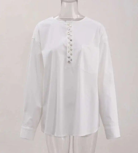 Women White Irreuglar Button Big Size Elegant Blouse New Round Neck Long Sleeve Shirt Fashion Spring Autumn 2025 CPG1558