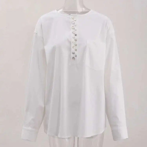 Load image into Gallery viewer, Women White Irreuglar Button Big Size Elegant Blouse New Round Neck Long Sleeve Shirt Fashion Spring Autumn 2025 CPG1558
