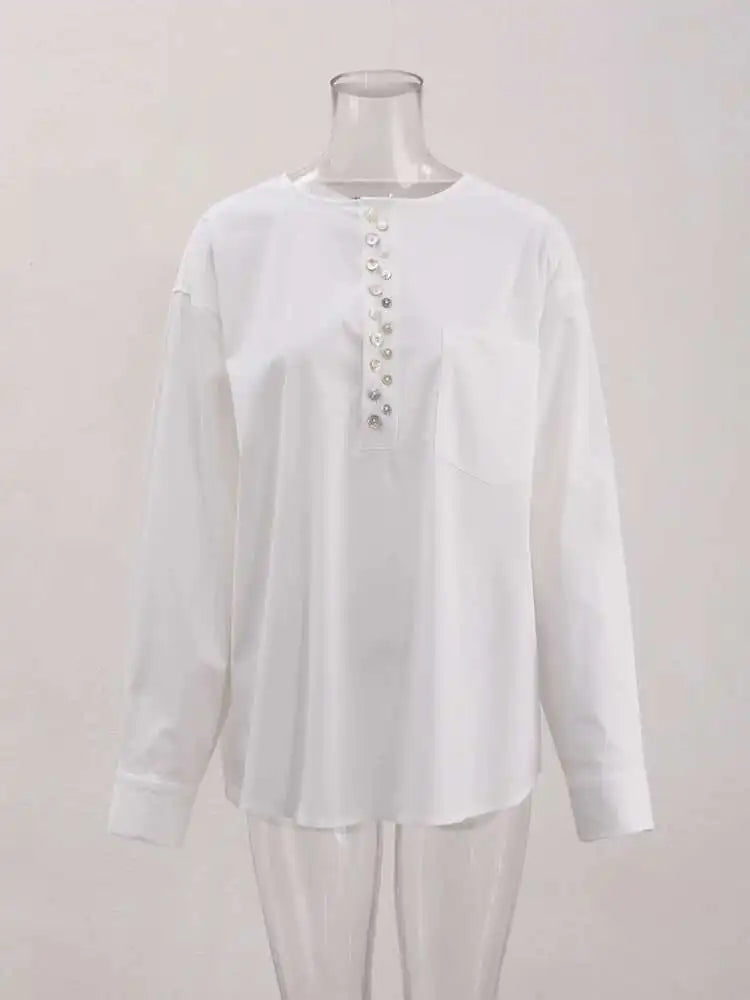 Women White Irreuglar Button Big Size Elegant Blouse New Round Neck Long Sleeve Shirt Fashion Spring Autumn 2025 CPG1558