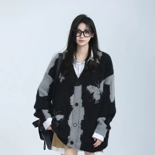 Load image into Gallery viewer, Y2k Aesthetic Butterfly Jacquard Knitted Cardigan Women Vintage Single Breasted Jacket Harajuku Loose Sweater Coat Streetwear
