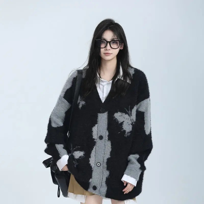 Y2k Aesthetic Butterfly Jacquard Knitted Cardigan Women Vintage Single Breasted Jacket Harajuku Loose Sweater Coat Streetwear