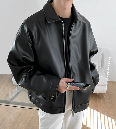 PU Leather Men's Coats Lapel Solid Color High Street Loose Clothing Zipper Casual New Trendy Male Jackets 2024 9C9001