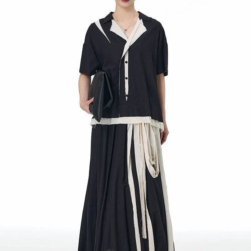 Load image into Gallery viewer, High Elastic Waist Black Ribbon Burr Color-block A-line Half-body Skirt Women Fashion Tide New Spring Autumn 2025 1DJ1494
