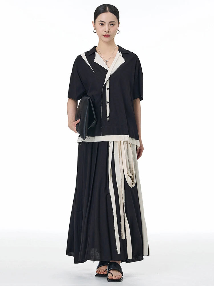 High Elastic Waist Black Ribbon Burr Color-block A-line Half-body Skirt Women Fashion Tide New Spring Autumn 2025 1DJ1494