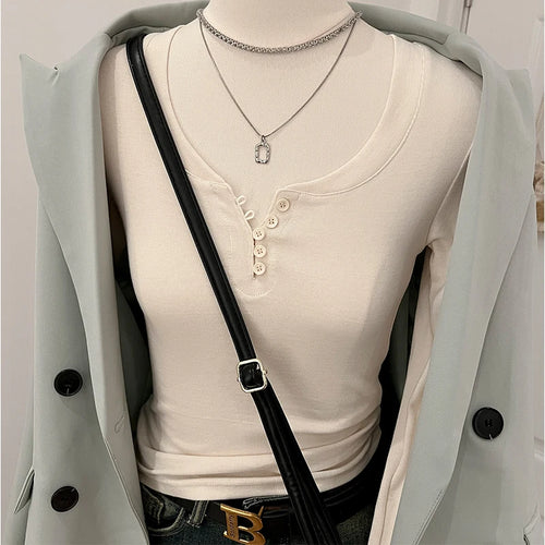 Load image into Gallery viewer, 2024 Autumn Women Gray Button Long Sleeve T Shirt Korean Style Casual Vintage Pink Slim O Neck Beige Pullover Tops Fashion Trend
