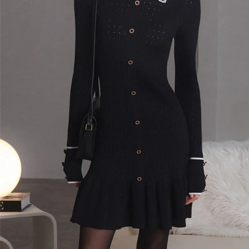 Load image into Gallery viewer, Autumn Long Sleeve Knit Dress For Women Fashion Lapel Single-btrasted Button High Waist Ruffled Mini Dress Knitwear
