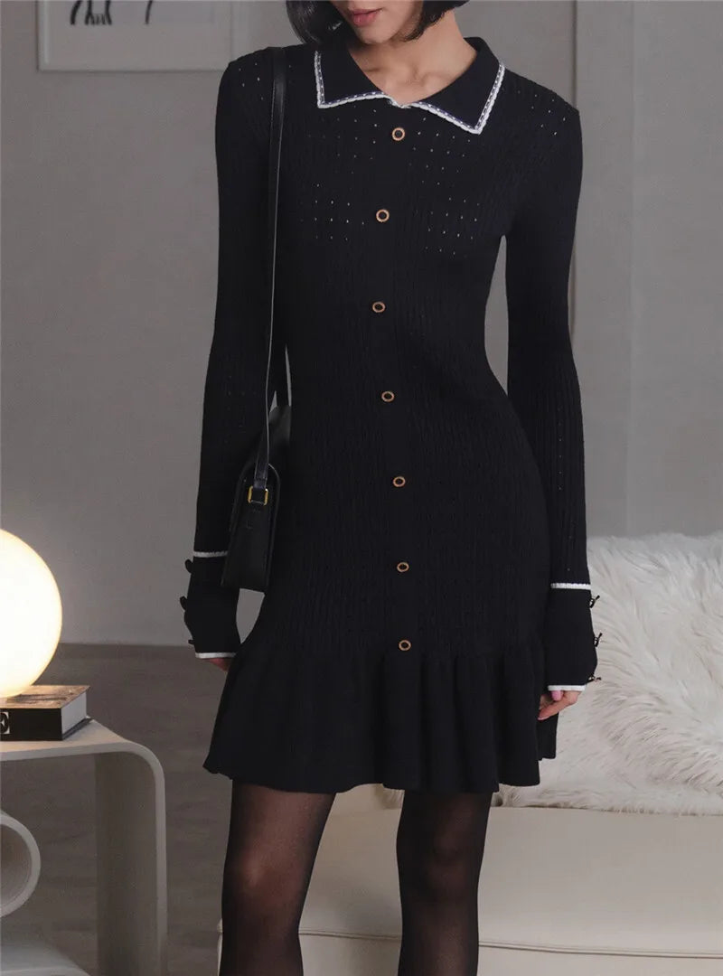 Autumn Long Sleeve Knit Dress For Women Fashion Lapel Single-btrasted Button High Waist Ruffled Mini Dress Knitwear