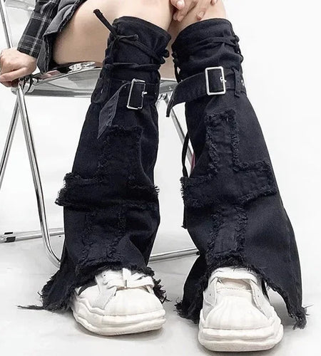 Harajuku Spice Girl Zipper Design Denim Leg Warmers Y2K High Street Pile Socks Women Punk Style Stockings Legwarmers