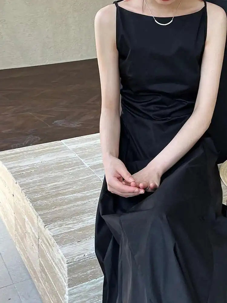 Women Black Pleated Elegant Pleated Long A-line Dress New Round Neck Sleeveless Fashion Tide Spring Summer 2025 1DH6117
