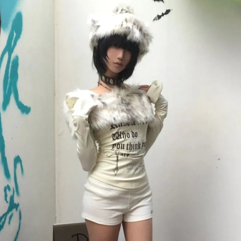 Japanese Y2k Fur Collar Tops 2000s Aesthetics Off Shoulder Knit Tops Vintage Harajuku Letter Print Long Sleeve T-shirt