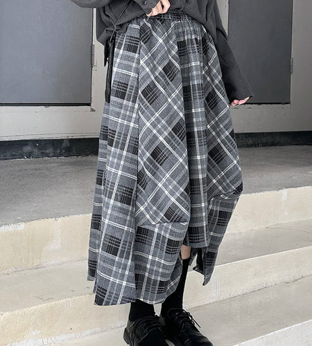 High Elastic Waist Black Plaid Irregular Design A-line Half-body Skirt Women Fashion Tide New Spring Autumn 2025 1DH9207