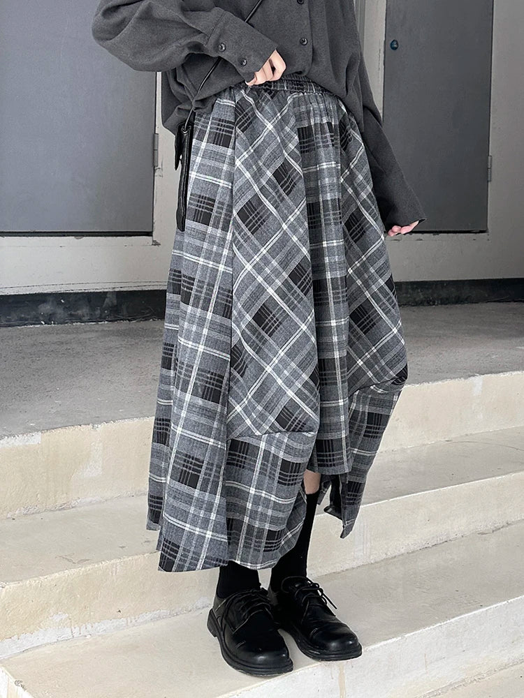 High Elastic Waist Black Plaid Irregular Design A-line Half-body Skirt Women Fashion Tide New Spring Autumn 2025 1DH9207