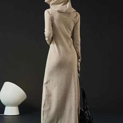 Load image into Gallery viewer, Women Oat Color Knitting Ankle Length Dress New Hooded Long Sleeve Loose Fit Fashion Tide Spring Autumn 2025 1DH3764
