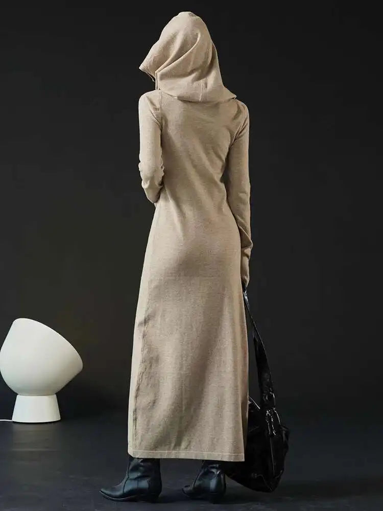 Women Oat Color Knitting Ankle Length Dress New Hooded Long Sleeve Loose Fit Fashion Tide Spring Autumn 2025 1DH3764