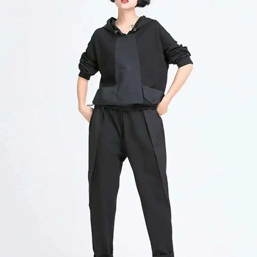 Load image into Gallery viewer, Women Black Pocket Split Joint Drawstring Big Size T-shirt New Hooded Long Sleeve  Fashion Tide  Spring Autumn 2025 1Y772
