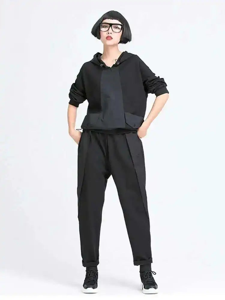 Women Black Pocket Split Joint Drawstring Big Size T-shirt New Hooded Long Sleeve  Fashion Tide  Spring Autumn 2025 1Y772