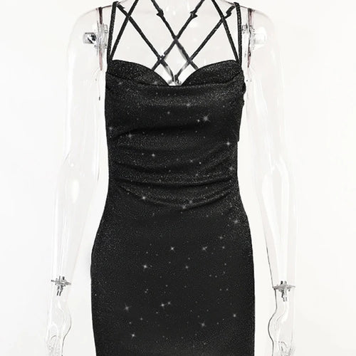 Load image into Gallery viewer, Glitter Bright Silk Bandage Women Dress Silver Sexy Spaghetti Strap Ruched Dress Femme Autumn Skinny Party Clubwear 2022
