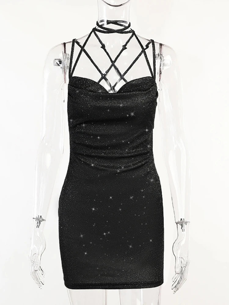Glitter Bright Silk Bandage Women Dress Silver Sexy Spaghetti Strap Ruched Dress Femme Autumn Skinny Party Clubwear 2022