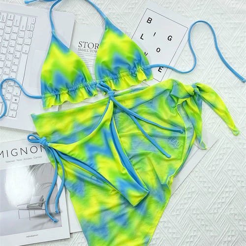 Load image into Gallery viewer, Tie Dye Halter Ruffled Bikini Female Swimsuit Women Swimwear Three-pieces Bikini set With Skirt Bathing Suit
