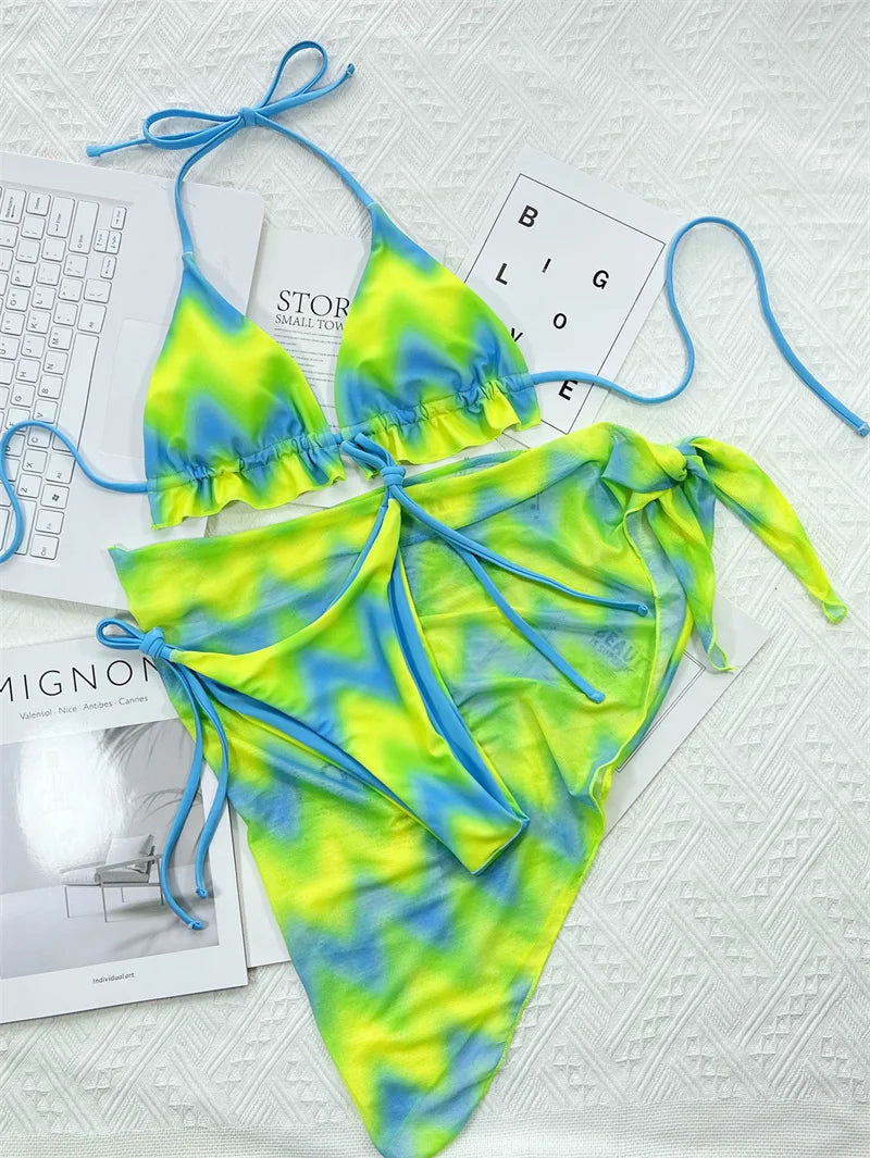 Tie Dye Halter Ruffled Bikini Female Swimsuit Women Swimwear Three-pieces Bikini set With Skirt Bathing Suit