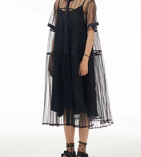 Women Black Mesh Perspective Midi Elegant Shirt Dress New Lapel Short Sleeve Fashion Tide Spring Summer 2025 1DJ0866