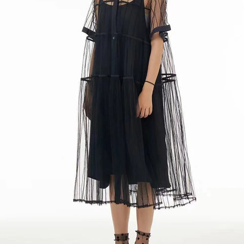 Load image into Gallery viewer, Women Black Mesh Perspective Midi Elegant Shirt Dress New Lapel Short Sleeve Fashion Tide Spring Summer 2025 1DJ0866
