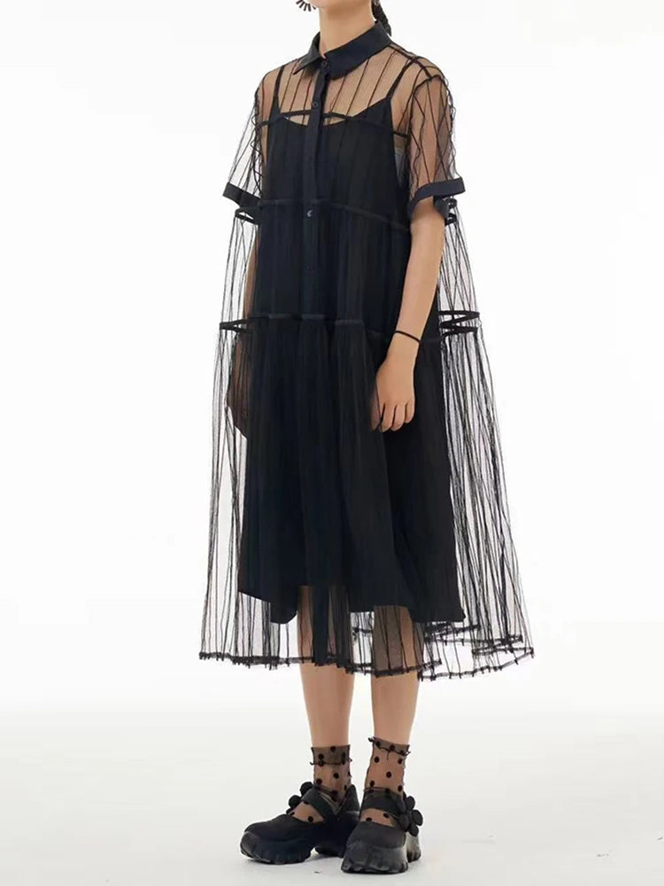 Women Black Mesh Perspective Midi Elegant Shirt Dress New Lapel Short Sleeve Fashion Tide Spring Summer 2025 1DJ0866