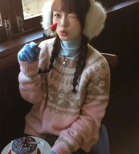 Knitwear Bow Jacquard Cardigan Women Clothing 2025 Grunge Contrast Color Casual Vintage Sweater Y2k Aesthetic Zipper Jackets