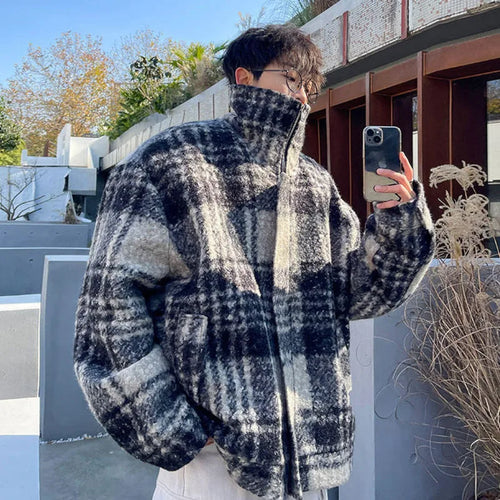 Load image into Gallery viewer, Winter Men Wear Woolen Jacket Turtleneck Plaid Contrast Color Patchwork Male Overcoat New Stylish Loose Fit 9C9036
